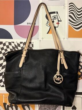 Michael Kors Black Pebbled Leather Tote with Tan Handles & Gold Charm